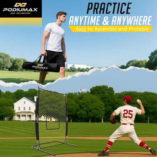 Miniatura 7 de PodiuMax Pantalla de lanzamiento de béisbol de 7 x 4 pies con zona de ataque, red de bateo con base en forma de U mejorada, red de lanzamiento