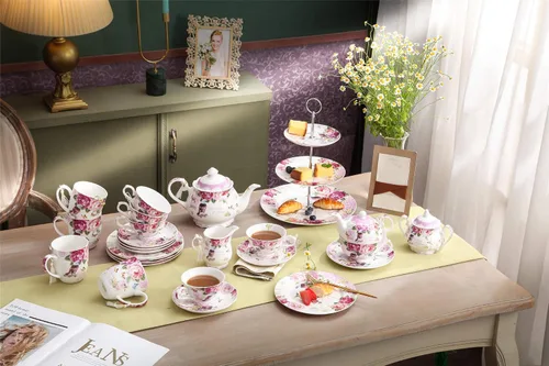Miniatura 4 de London Boutique Juego de tazas de café de té, 4 porcelana, pájaro, rosa, mariposa, diseño Shabby Chic en caja de regalo, 11 oz