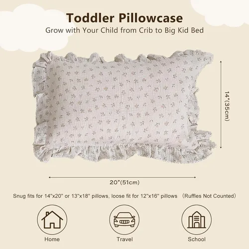 Miniatura 2 de BuLuTu Funda de almohada de muselina de algodón para niños pequeños, diseño de brotes, funda de almohada Shabby Chic con borde de volantes, funda