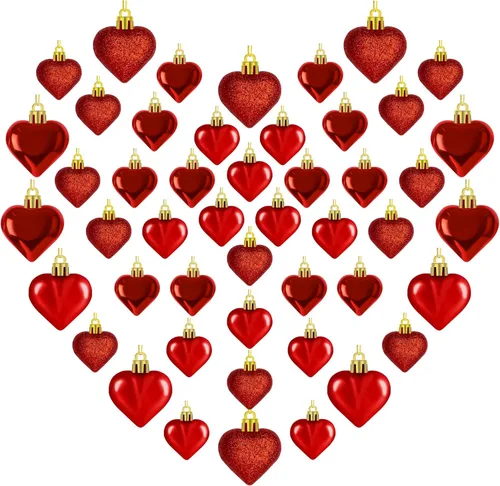 Miniatura 16 de 48 adornos para el día de San Valentín, decoraciones en forma de corazón rosa, 2 tamaños de bolas colgantes, adornos brillantes para boda