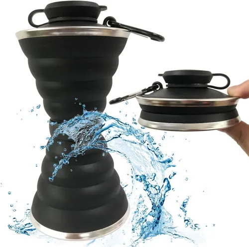 Collapsible Water Bottle, Camping Cup With Carabiner, Reuseable Silicone Foldable Leak Proof Portable Sports Travel Water Bottles For Outdoor, Negro