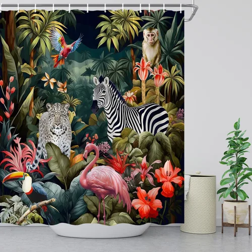 Miniatura 3 de Cortina de ducha de animales de selva tropical, selva, leopardo, flamenco, cebra, loro, hoja de palmera, plantas verdes, vida silvestre, zoológico