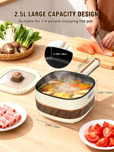 Miniatura 4 de Olla eléctrica para cocinar 2.5L antiadherente portátil olla para saltear sartén para sopa de ramen, carne de avena, dormitorio, viaje, olla