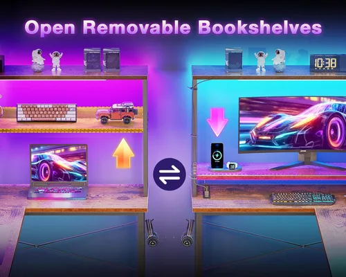 Miniatura 7 de ODK - Escritorio en forma de L de 53 pulgadas con iluminación LED, escritorio reversible para juegos con tomas de corriente, mesa de computadora