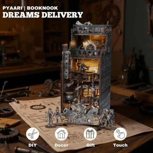 Miniatura 2 de Dreams Delivery - Kit de rincón de libro, barco pirata de 172 piezas, kit de casa en miniatura LED para bricolaje, rompecabezas de madera 3D, kit