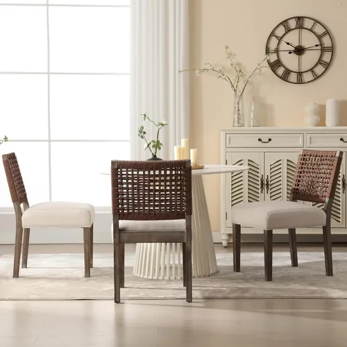 Miniatura 8 de chairus Juego de 2 sillas de comedor tapizadas, sillas de comedor costeras bohemias con respaldo de cuerda tejida de nogal marrón, patas de madera