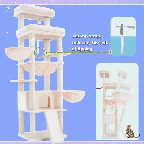 Miniatura 9 de Hey-brother Torre de árbol para gatos, postes rascadores con plataforma y cesta extra grande, condominio especial, 2 hamacas acogedoras, tabla