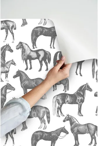 Miniatura 3 de Papel tapiz autoadhesivo de 6 x 2 pies – Caballos victorianos impresión grande blanco y negro estilo vintage Pony ecuestre personalizado extraíble