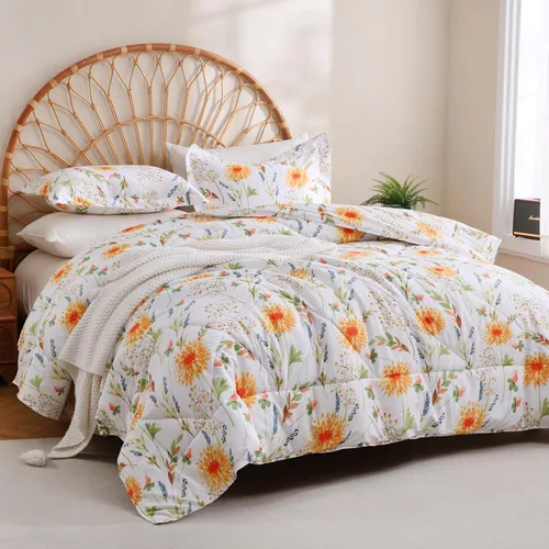 Miniatura 13 de Juego de ropa de cama JSD de microfibra con estampado floral verde, tamaño Queen, 3 piezas, edredón alternativo ligero para todas las estaciones