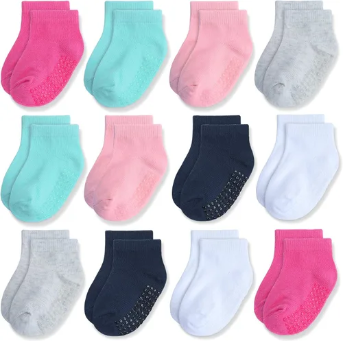 Miniatura 9 de JAKIDAR 12 pares de calcetines antideslizantes de algodón para niños y niñas, suela antideslizante para bebés y niños