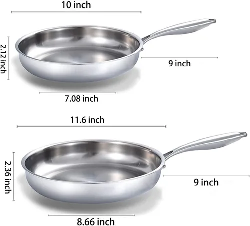 Miniatura 5 de DELARLO Juego de sartenes de acero inoxidable de tres capas, 9" y 11", compatible con todas las superficies de cocción hasta 600℉, juego de sartenes