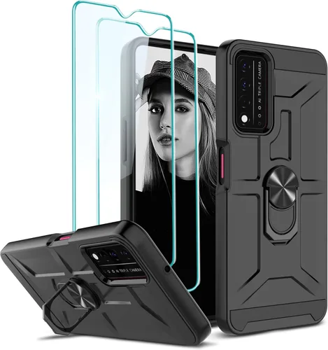 Miniatura 18 de Jeylly Funda para T-Mobile Revvl 5G con 2 protectores de pantalla de vidrio templado, cuerpo completo híbrido de policarbonato duro suave TPU anillo