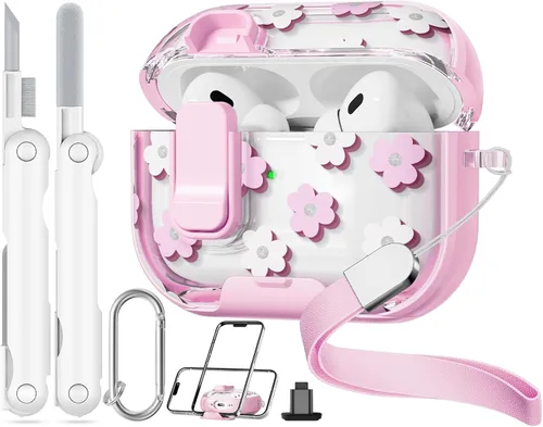 Miniatura 16 de con bloqueo de seguridad para funda de AirPods Pro 2ª 1ª generación, funda transparente floral linda para AirPods Pro 2 con soporte para teléfono