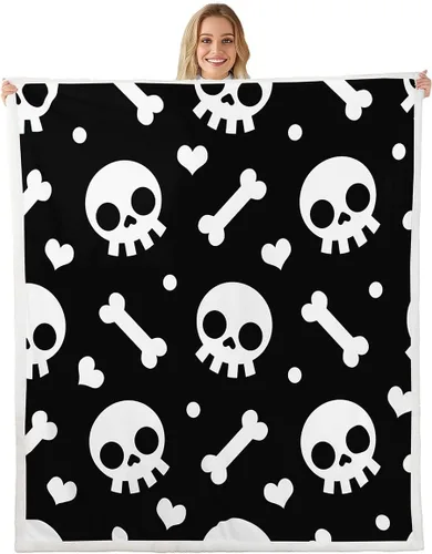 Skull Flannel Fleece Throw Blanket 40"x50" Cartoon Skulls Fuzzy Blanket for Sofa Couch Love Hearts Polka Dots All Season Bed Blankets Plush