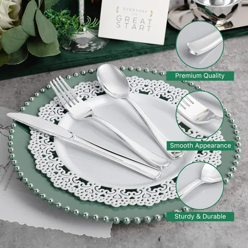 Miniatura 4 de N9R 120 Piezas Cubiertos de Plástico Plateado, Juego de Cubiertos de Plástico Plateado Cubiertos Desechables Vajilla - 60 Tenedores, 30 Cucharas, 30