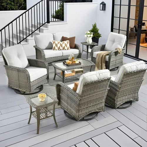Miniatura 31 de CAODOC Juego de muebles de mimbre para patio, 4 piezas, para todo tipo de clima, sofá biplaza y mesa para patio trasero, balcón y terraza