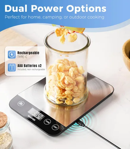 Miniatura 3 de Báscula digital de cocina de 33 libras, báscula de alimentos recargable con acero inoxidable, gramos y onzas, carga USB, 0.04 oz de alta precisión