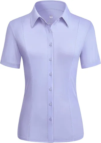 Miniatura 9 de Camisas con botones para mujer, elásticas, de manga corta, con cuello, sin arrugas, básica, de negocios, blusa de trabajo