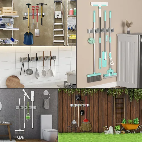 Miniatura 5 de Holikme Soporte para Escobas y Fregonas de Pared, Organizador de Metal para Despensa y Almacenamiento, Organizador de Herramientas de Cocina y Plata
