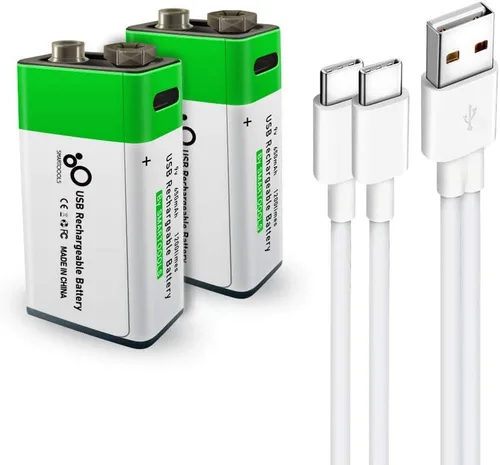 Batería recargable USB de iones de litio de 9 V, batería recargable de 9 V de alta capacidad de 650 mAh, carga rápida de 1.5 H, 1200 ciclos con
