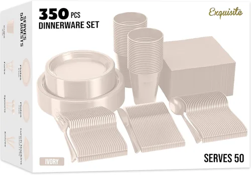 Miniatura 37 de Party Solids 350 Piezas Platos de Plástico Blanco Para Fiestas, Juego de Platos Desechables Blancos, 50 de Cada Juego de Platos para Cena de 9