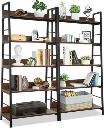 Estantería industrial, estante de escalera de 5 niveles, estantes grandes de almacenamiento independientes, estantes inclinados para libros, Marrón
