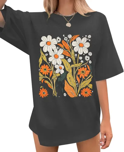 MYHALF Camiseta de flores bohemias para mujer, camisas de flores silvestres de gran tamaño, camiseta con estampado floral vintage, camisetas retro
