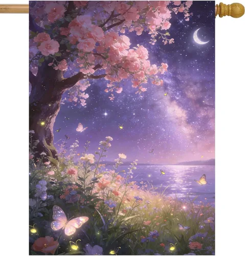 Miniatura 14 de Bandera de jardín de otoño con diseño de cuentos de hadas de fantasía, árbol, puesta de sol, mariposas, hierba, 12 x 18 pulgadas, pequeña, vertical