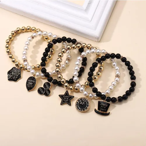 Miniatura 2 de PHALIN Pulseras de feliz año nuevo para mujer, pulseras elásticas con cuentas de perlas CCB, pulsera brillante con dije de estrellas, pulsera de Año