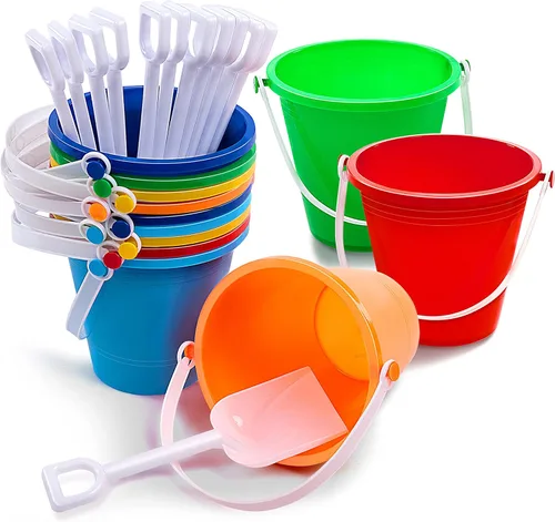 Sloosh 12 juegos de cubos de arena con palas para niños, cubos de playa, juguetes de fiesta, cubo de plástico con asas