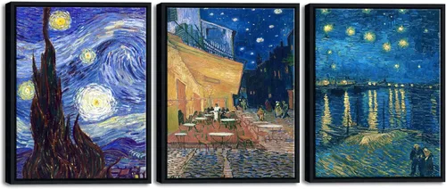 Miniatura 21 de Wieco Art 3 Paneles de Impresiones en Lienzo de Pinturas de Vincent Van Gogh Reproducción Noche Estrellada sobre el Ródano Terraza del Café por