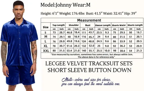 Miniatura 6 de LecGee Conjuntos de Pantalones Cortos Casuales de Verano para Hombres Camisa de Terciopelo de Manga Corta con Botones Pantalones Cortos de Cintura