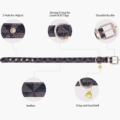 Miniatura 4 de Collar de cuero para perro y correa de 4 pies, collar básico ajustable con patrón de campana a cuadros, collar y correa de cuero duradero con Marrón
