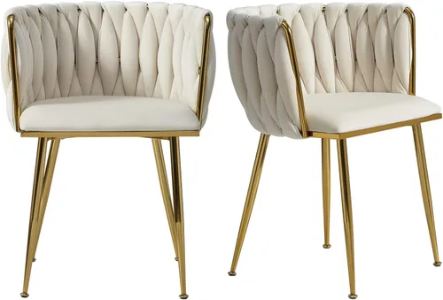 Juego de 2 sillas de comedor de terciopelo, modernas sillas de comedor tapizadas con patas de metal dorado y respaldo tejido para comedor, cocina,