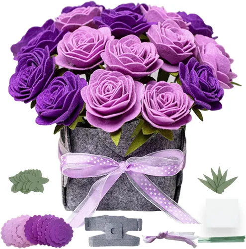 BAZIMA - Kit de manualidades de flores de fieltro, kit de bonsái de maceta de rosas moradas, regalos florales, kit de manualidades para