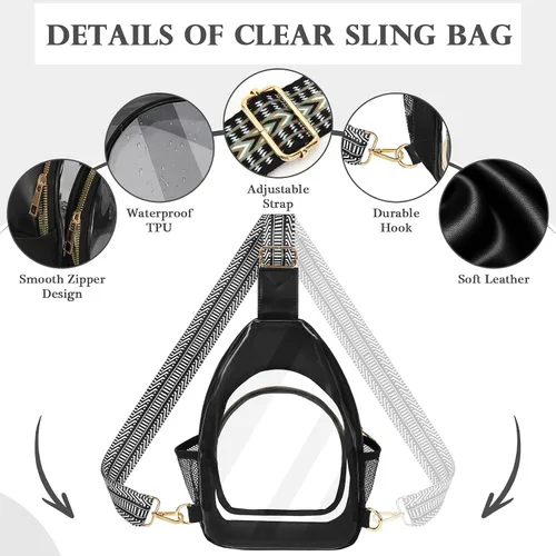 Bolso bandolera transparente para eventos en estadios, bolsa cruzada transparente empalme de cuero para mujeres y hombres con dos bolsillos y dos