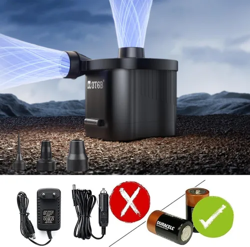 Miniatura 3 de Bomba de aire eléctrica para inflables, bomba de aire inalámbrica alimentada por batería para colchón con 3 boquillas, inflador/deflador de llenado