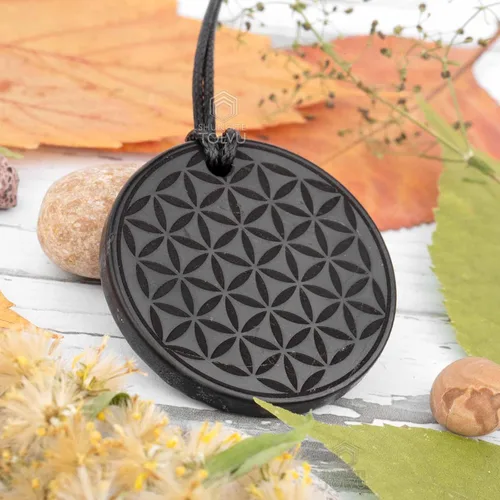 Miniatura 8 de Colgante Shungite grande - Flor de la Vida - 1.8 pulgadas - Auténtico collar de amuleto de piedra shungita - Hecho a mano - TOLVU, Piedra, Shungita