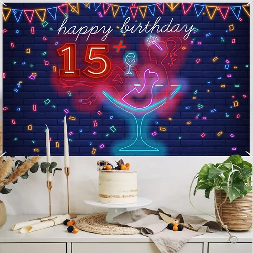 Miniatura 7 de Cartel de neón con texto en inglés «Happy 15» Birthday Girl Happy 15 Birthday Banner «Cheers to 15 años» de tacón alto, maquillaje para decoración