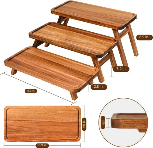 Miniatura 2 de GEHE Bandeja de servir de 3 niveles, bandeja escalonada de madera de acacia plegable, juego de exhibición de mesa de postre, decorada para tablas