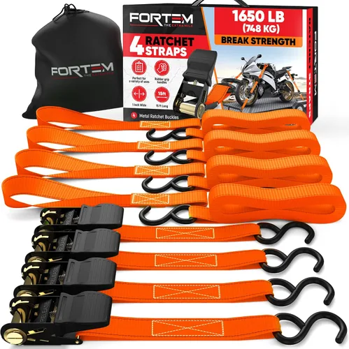 Miniatura 10 de FORTEM Correas de trinquete, juego de correas de amarre de 1650 libras de resistencia a la rotura, paquete de 4 de 15 pies x 1 pulgada, 4 bucles