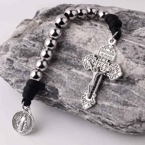 Miniatura 30 de Rosario de bolsillo estilo abierto una década de acero inoxidable rosario católico con crucifijo medalla de San Benito con bolsa de regalo