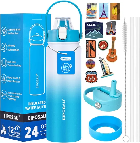 Miniatura 24 de Botella de agua aislada con tapa, bota y calcomanías, botella de acero inoxidable de 24 onzas, sin sudor, mantiene el frío las 24 horas, botella