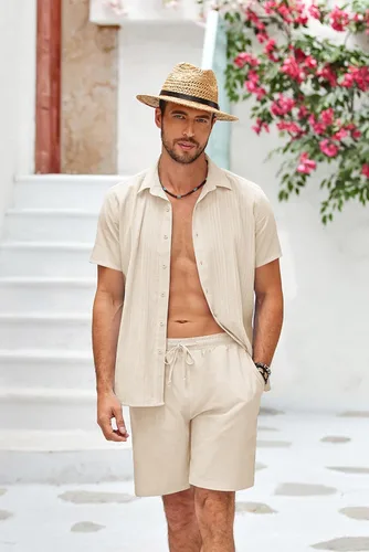 Miniatura 2 de COOFANDY Conjunto de ropa de playa de algodón Guayabera para hombre, conjunto corto de lino de 2 piezas