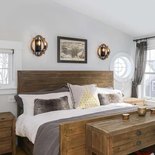 Miniatura 4 de VILUXY Apliques de pared de madera retro industrial, lámpara de pared geométrica de granja, lámparas de pared negras para dormitorio, pasillo