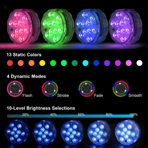 Miniatura 3 de Luces LED sumergibles con control remoto, 13 colores, 4 modos, funciona con pilas, luz LED subacuática para piscina enterrada y piscina sobre
