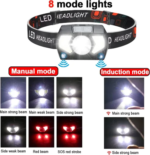 Miniatura 2 de Linterna frontal recargable, 1100 lúmenes, linterna LED brillante ultraligera con luz blanca y roja, paquete de 3 linternas de cabeza con sensor