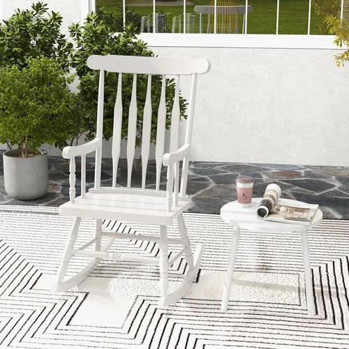 Miniatura 4 de Tangkula Mecedora para patio de madera de goma maciza, silla mecedora de porche al aire libre con marco de madera de goma, mecedora de madera