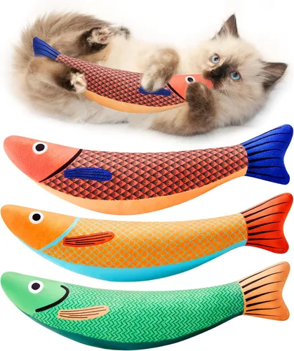 Potaroma Juguetes para gatos con pescado sabino, paquete de 3, sonido crujiente de menta de gato, suave y duradero, juguete interactivo para gatitos
