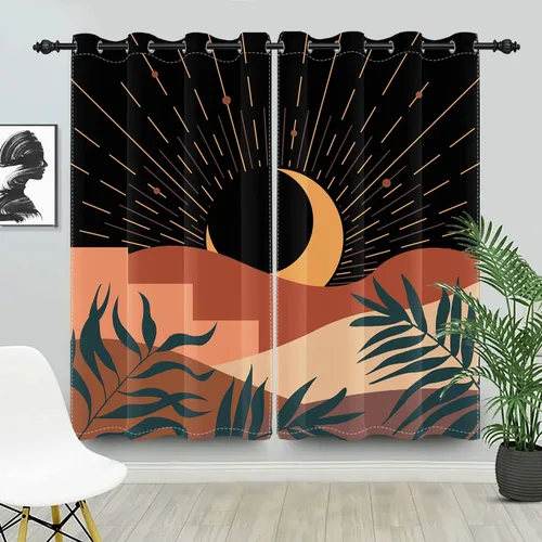 Cortinas abstractas bohemias para ventana, estética de mediados de siglo, hojas de luna de montaña, para oscurecer la habitación, cortina con ojales